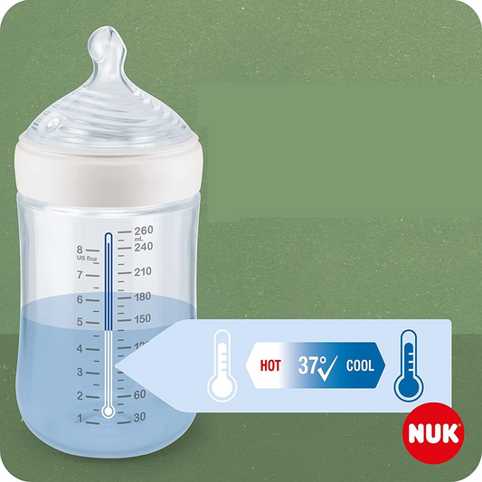 NUK For Nature lahev 150 ml 1 m+ dudlík S pomalý průtok kontrola teploty