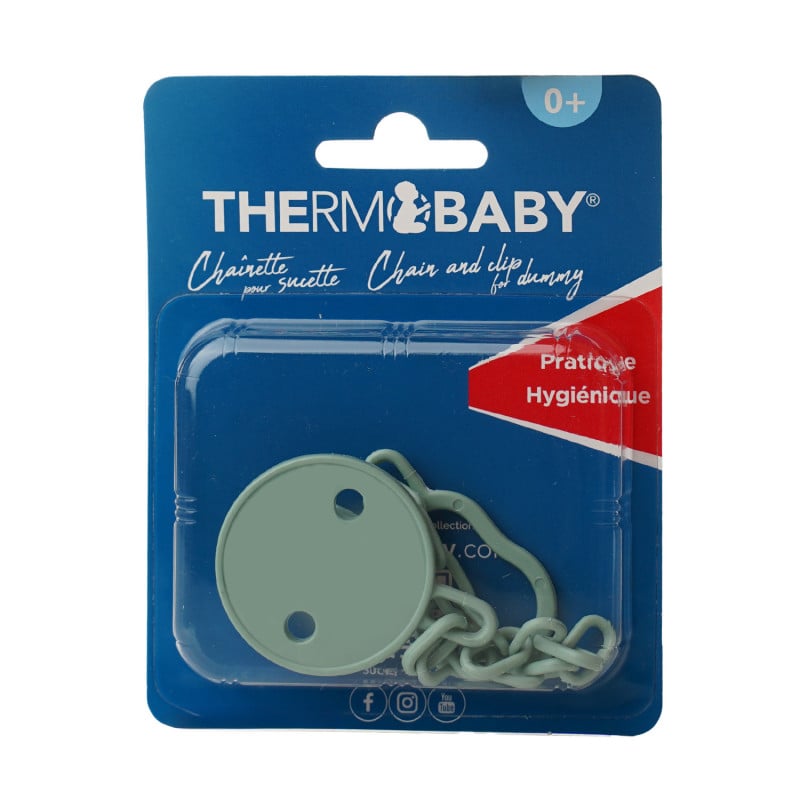 Zielona zawieszka do smoczka THERMOBABY w przezroczystym blistrze na niebieskim kartoniku.