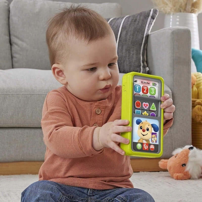 FISHER-PRICE interaktywny SMARTFON 75 piosenek zdań dźwięków J. ANGIELSKI – zielony szerokość 9 cm, długość 15,5 cm,…