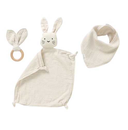 NUDU BABY bavlněný komforter mazlíček + kousátko a bryndák KRÁLÍK 28 cm