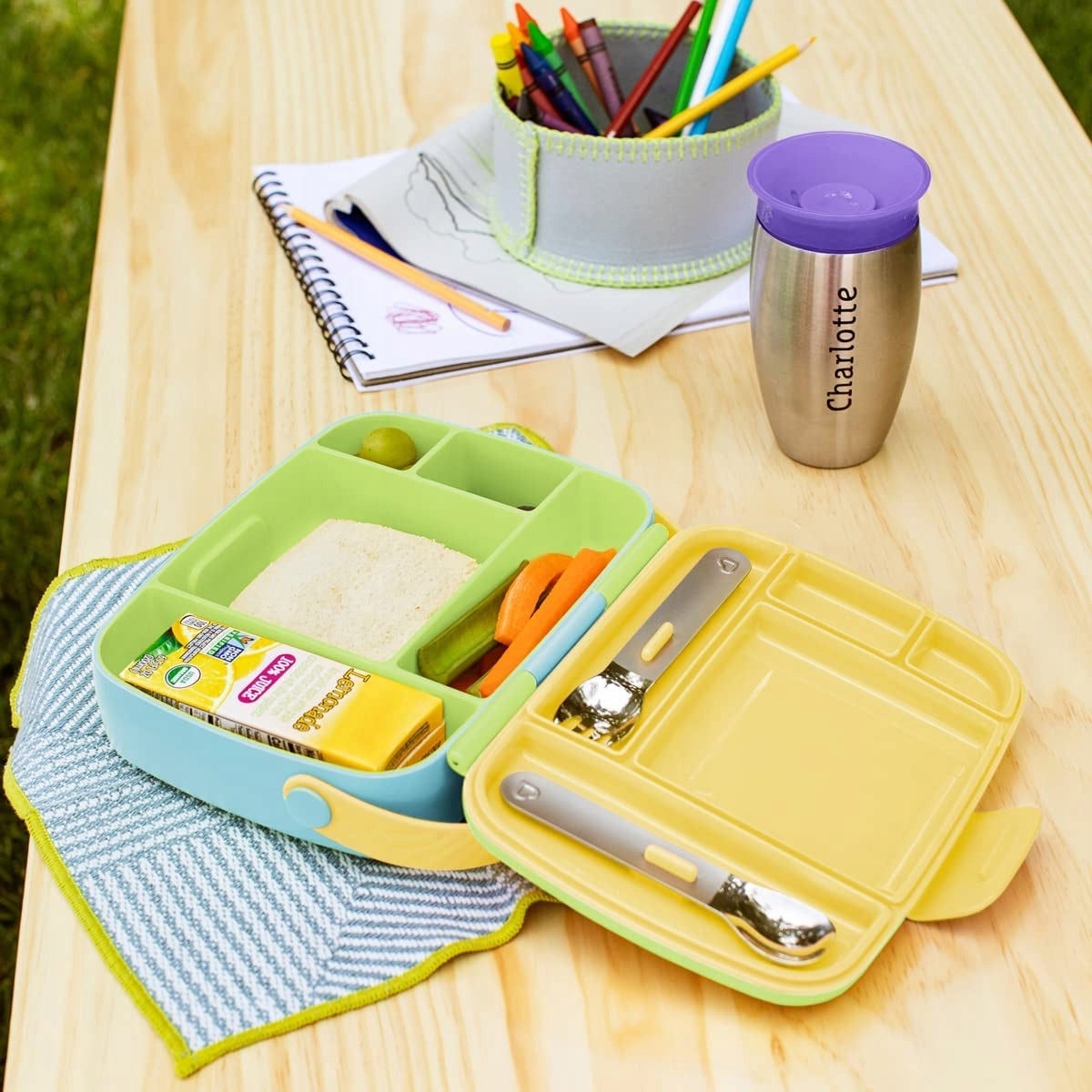 MUNCHKIN Bento Boxbreakfast box + cutleryage 18 m +colour blue-green-yellowdimensions 23 x 20 x 6.8 cmbox