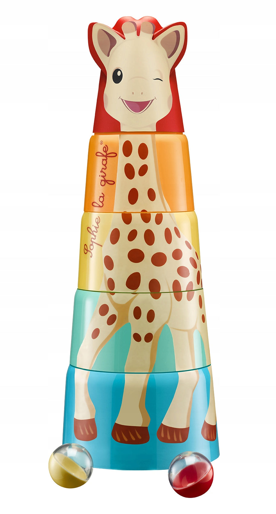 Sophie la Giraffe5 piece tower + 2 ballsage 10 months+used condition, db - considerable signs of use