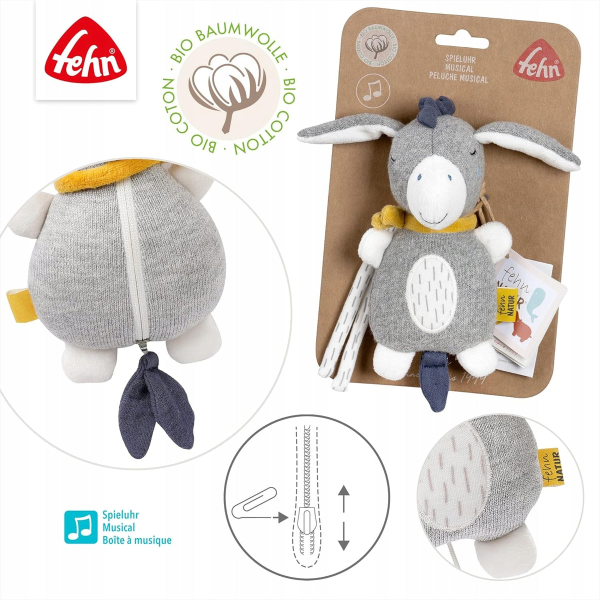 FEHN Nature závěsná OSLÍK s hracím strojkem 22cm