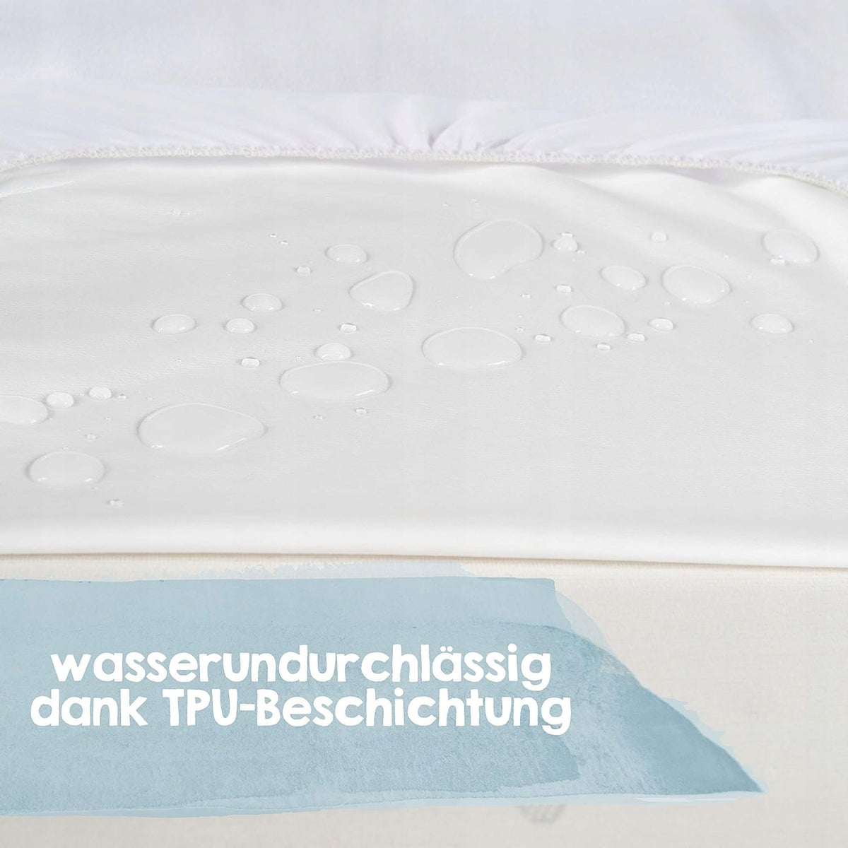 Grafika pokazująca krople wody na jasnej powierzchni ochraniacza na materac ROBA.