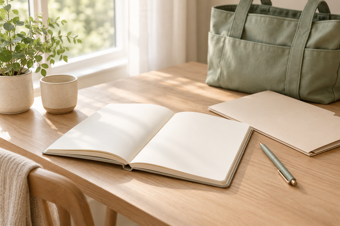 An open notebook with blank pages, a pen and a soft bag in a calm space for planning a birth.