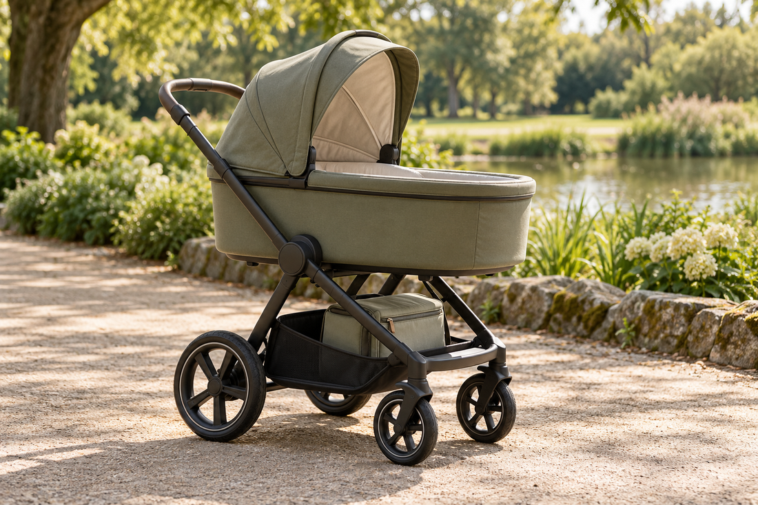 An empty carrycot pram and changing bag on a quiet park path in gentle light.