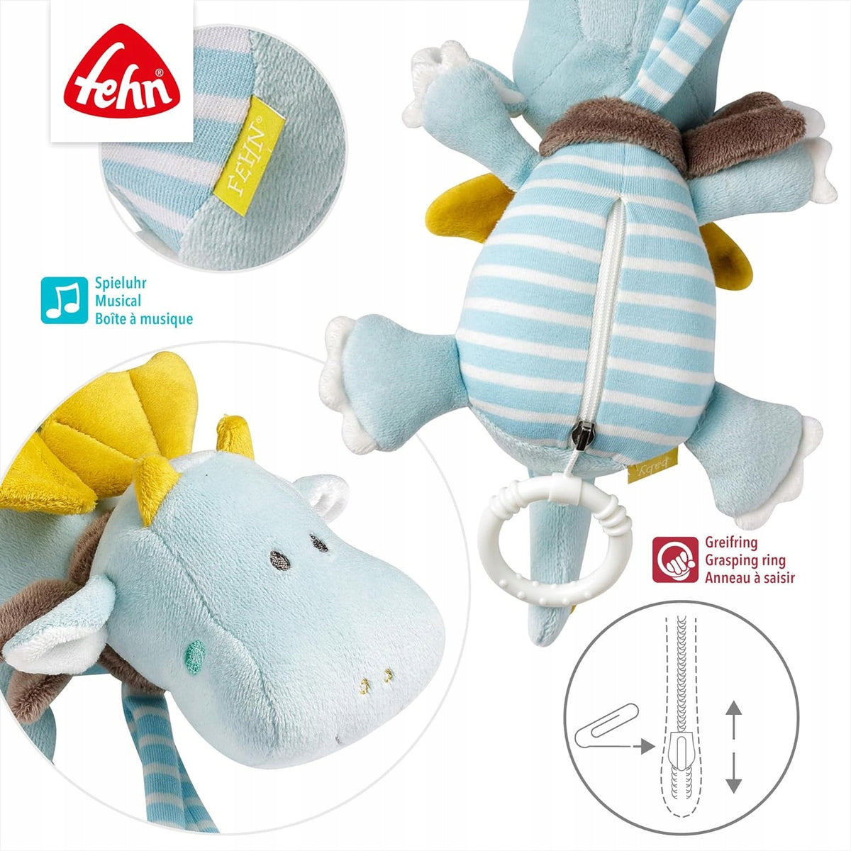 FEHN Malý hrad závěsná hračka s hracím strojkem DRAK 19 cm