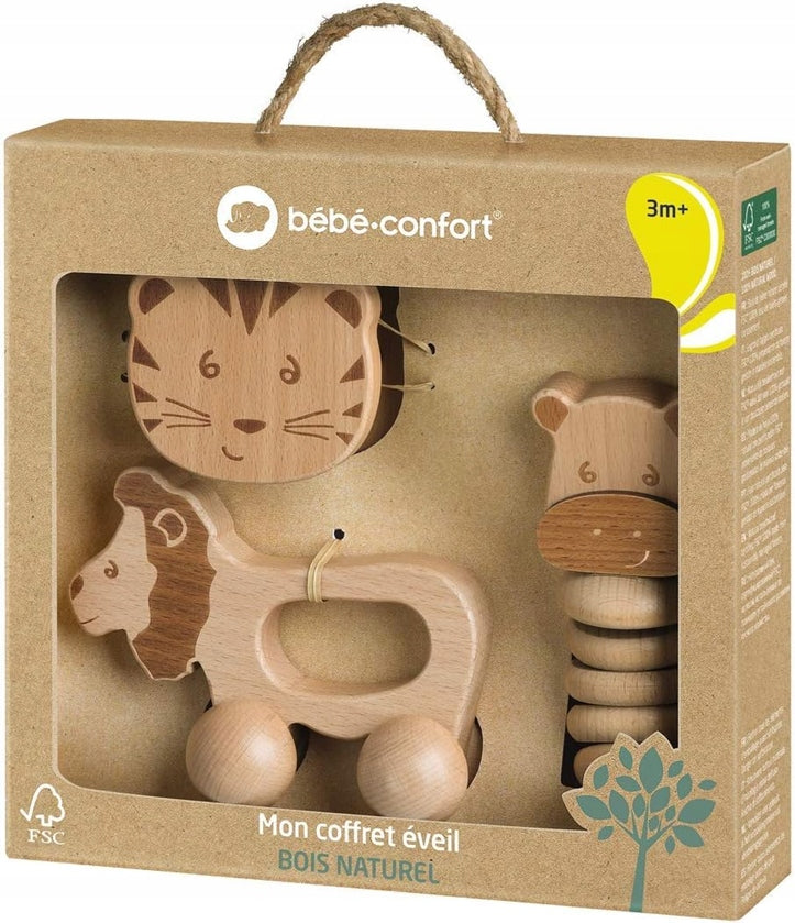 BEBE CONFORT sada dřevěných hraček s chrastítky 3 m+