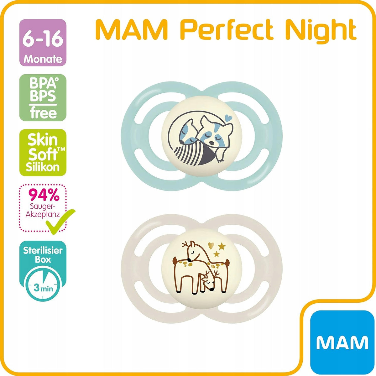MAM Perfect Night orthodontic pacifiers glowing in the dark