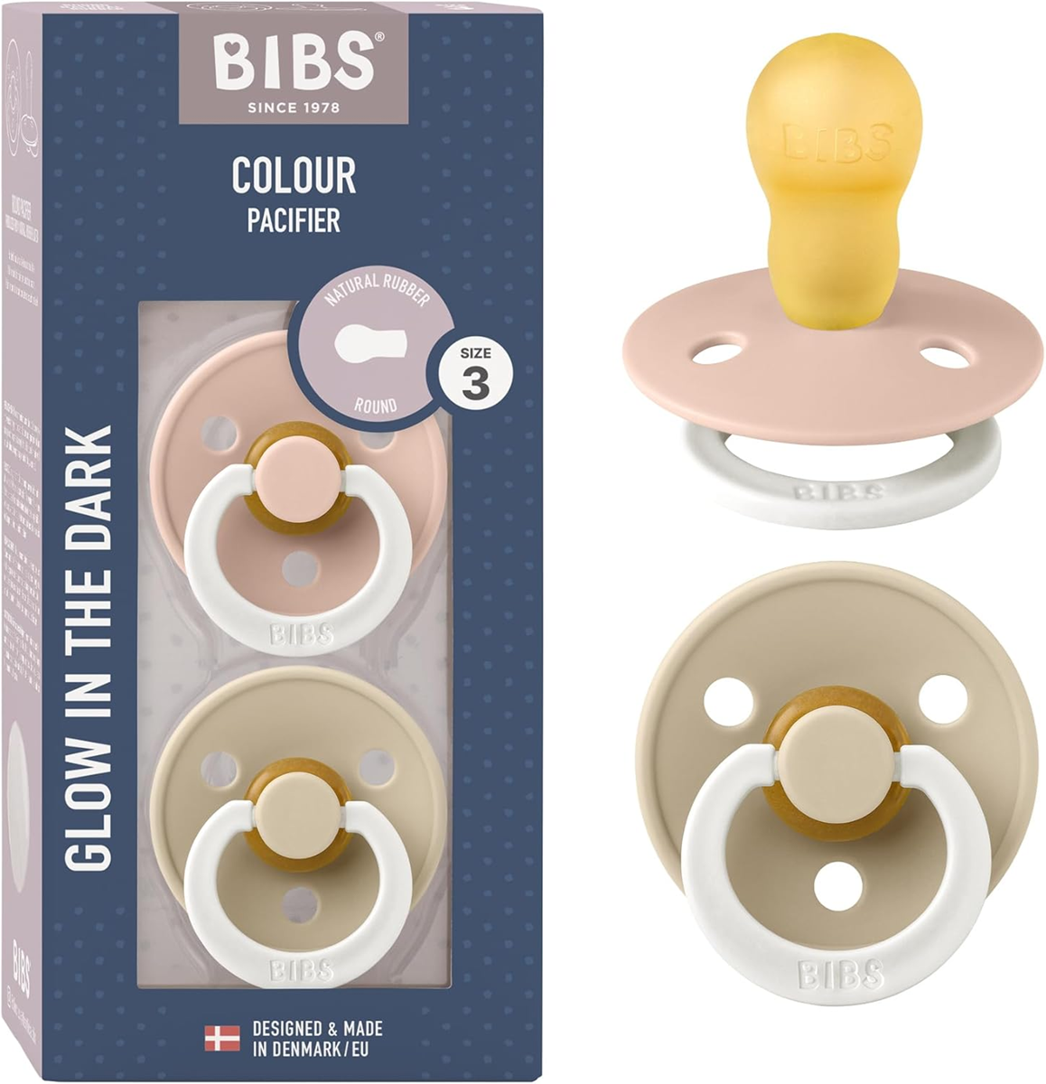 BIBS COLOUR GLOW uklidňující dudlíky 2pack kaučuk 18-36 měsíců SVÍTÍCÍ