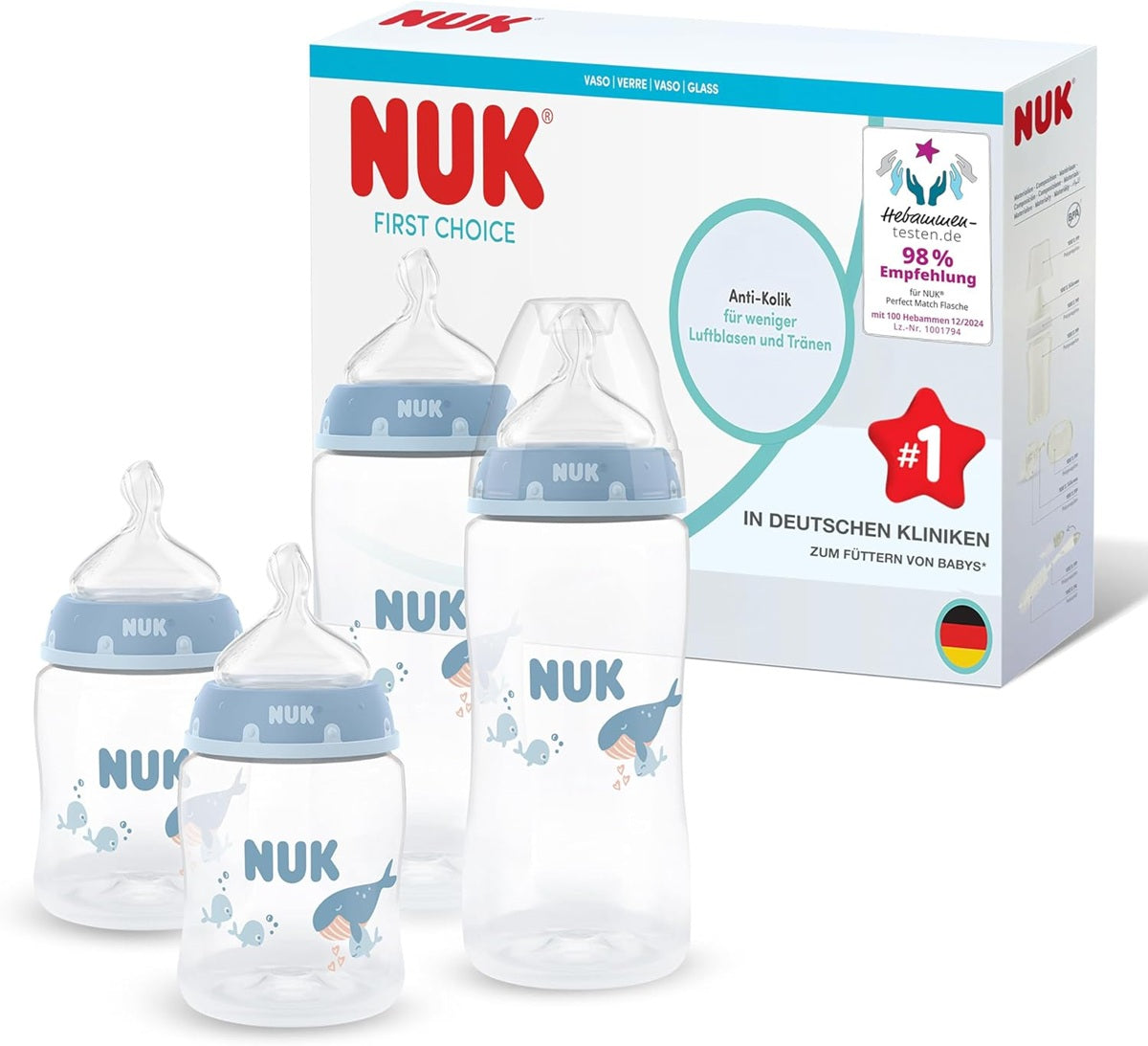 NUK First Choice σετ 4 μπιμπερό 150/300 ml με θηλές S/M 0-3m+ ΦΑΛΑΙΝΑ