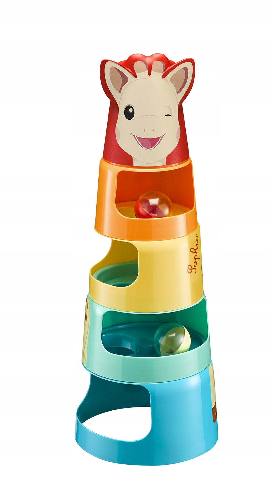 Sophie la Giraffe5 piece tower + 2 ballsage 10 months+used condition, db - considerable signs of use