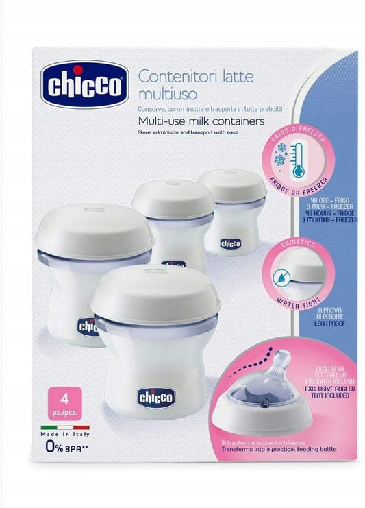 CHICCO Natural Feeling 4 x 150 ml milk container, cap with teat (slow flow) and cover
