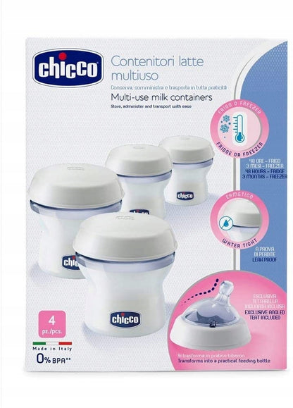 CHICCO nádoby na mléko 4 x 150 ml + dudlík s víčkem
