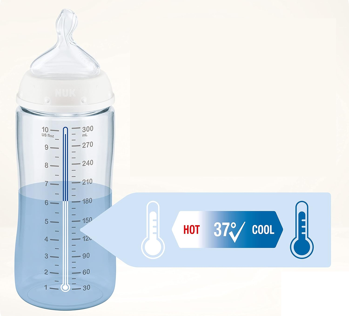 NUK First Choice+ set includes 2 150 ml bottles (S teats), 2 300 ml bottles (M teats) and a basket