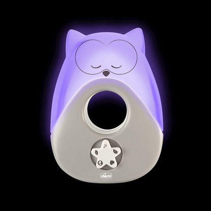 CHICCO Sweet Lights noční lampa s melodiemi a zvuky SOVA 13,5 x 18 cm