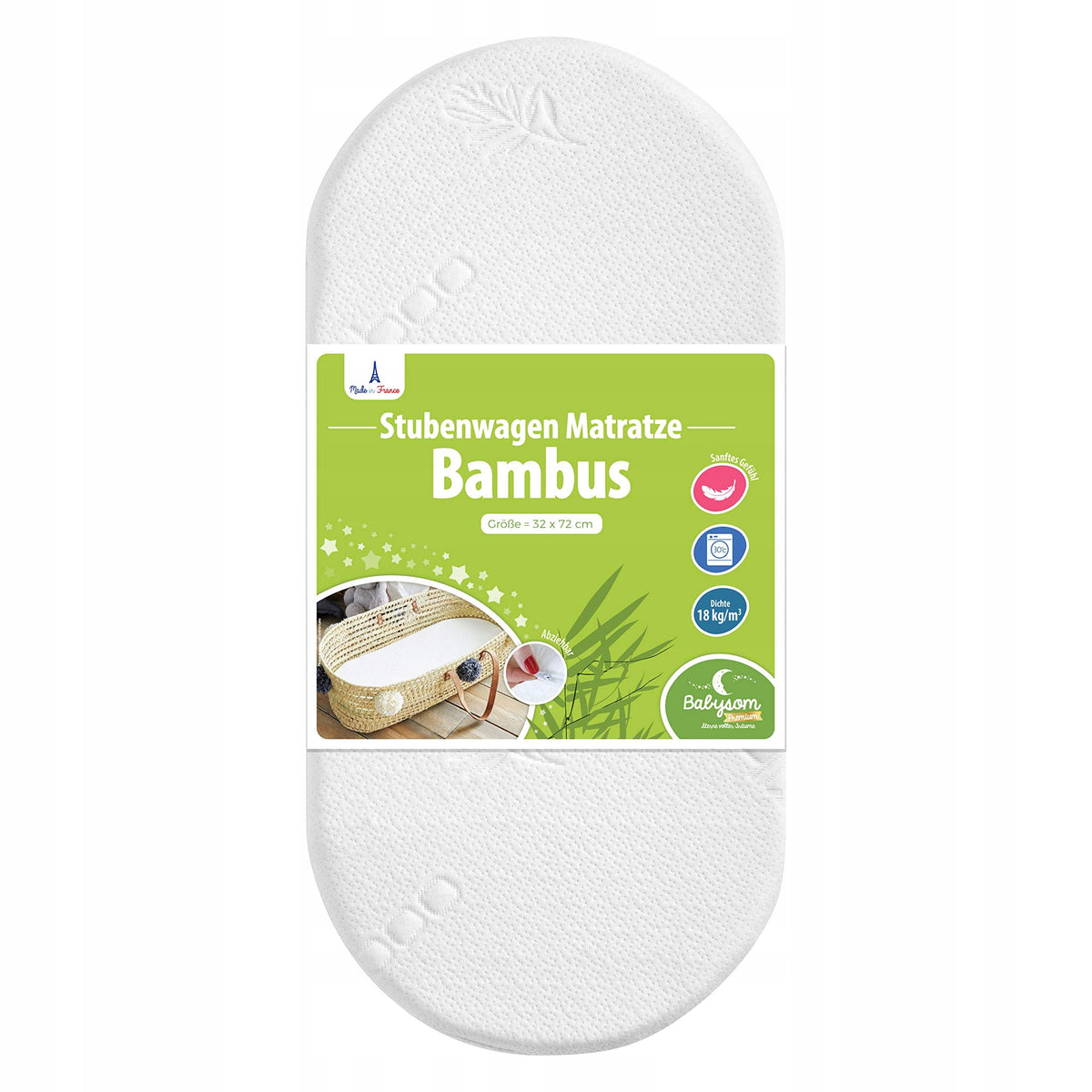 Babysom Bamboo owalny biały materac 72x32x3 cm z etykietą