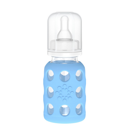 LifeFactory skleněná láhev s obalem 120 ml 3 m+ dudlík 1