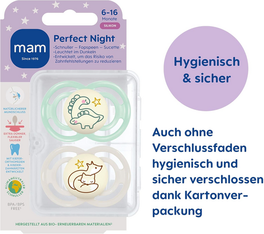 MAM Perfect Night orthodontic pacifiers glowing in the dark