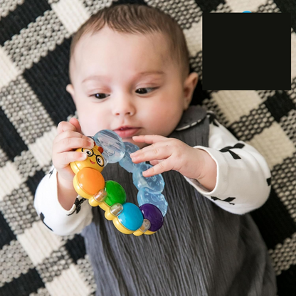 The teether soothes sore gums during teething.It is filled with water and can be cooled in the fridge.The