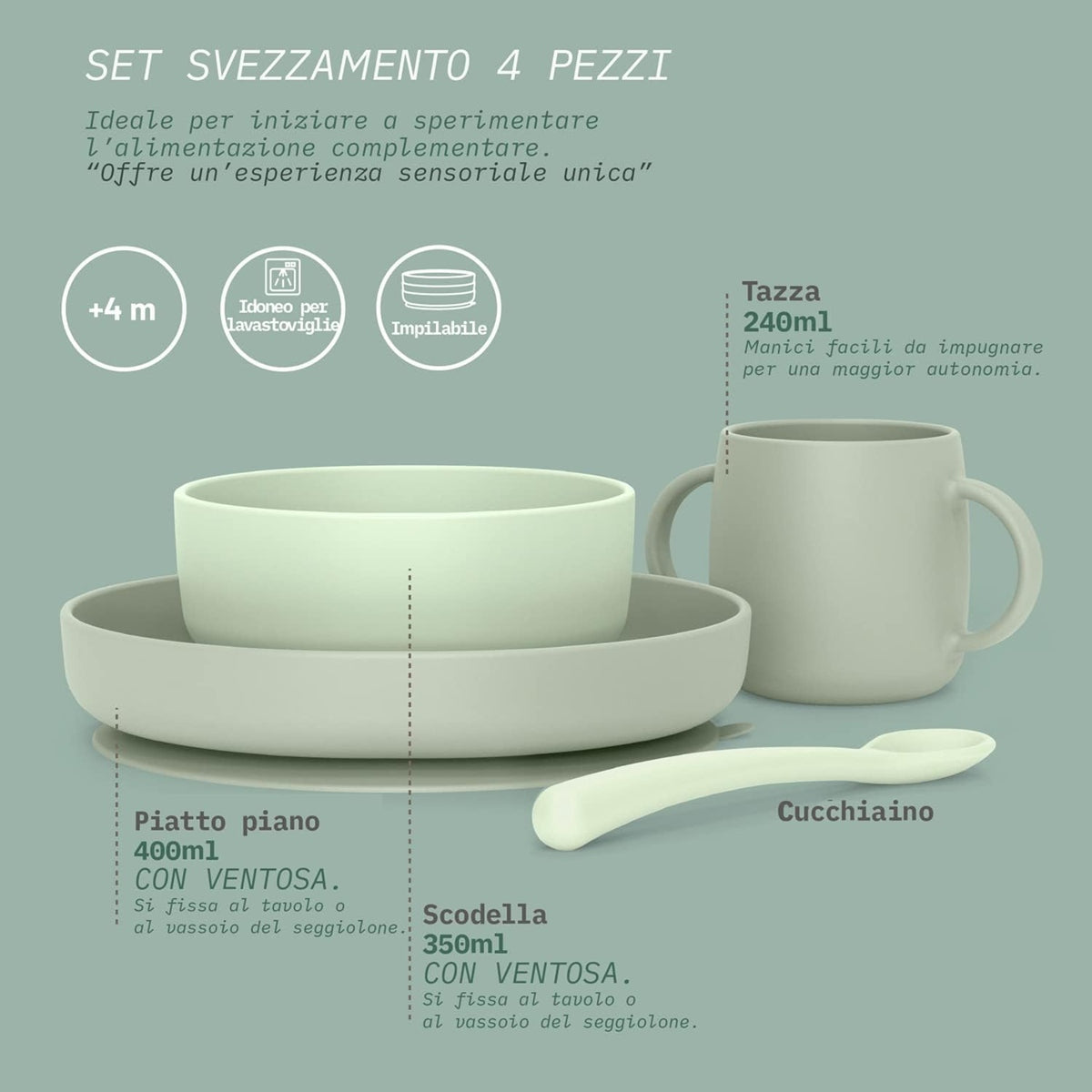 SUAVINEX Selection silicone tableware set, 4 pieces, 4m+