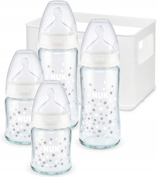NUK First Choice+ set de inicio 4 biberones de vidrio + cesta organizadora 0-6 m