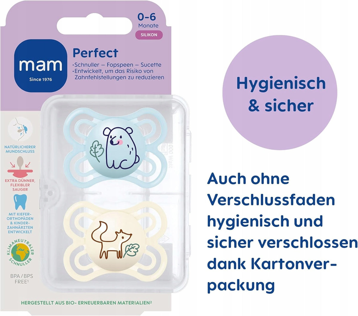 MAM Perfect dudlík uklidňující x2 0-6 měsíců + box