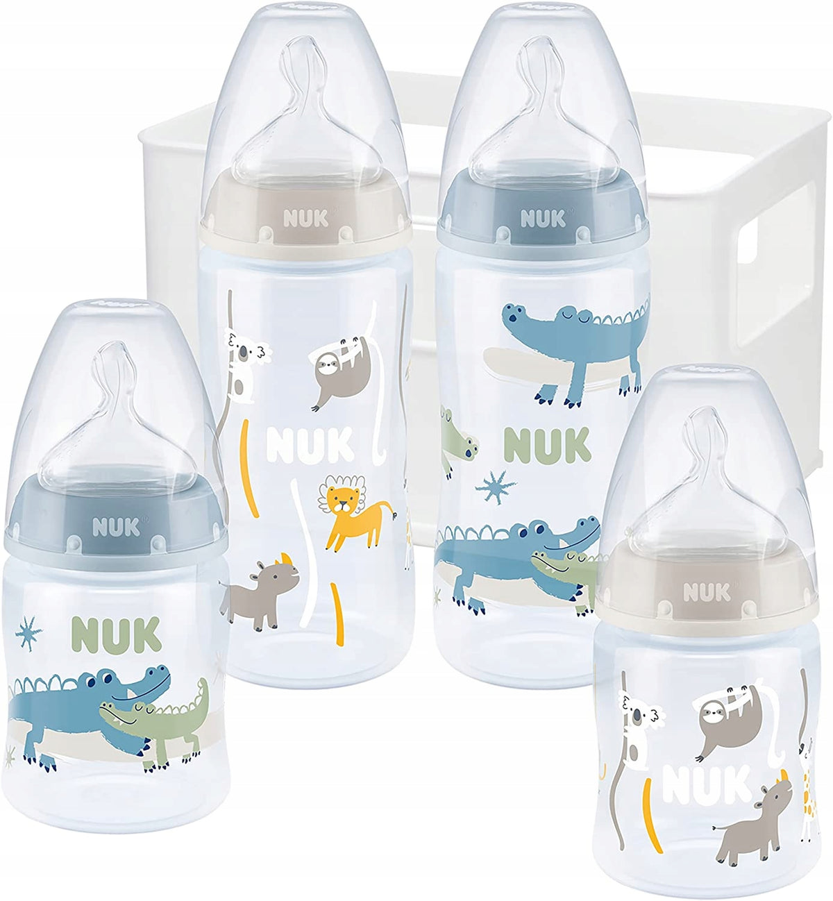 NUK First Choice+ set includes 2 150 ml bottles (S teats), 2 300 ml bottles (M teats) and a basket