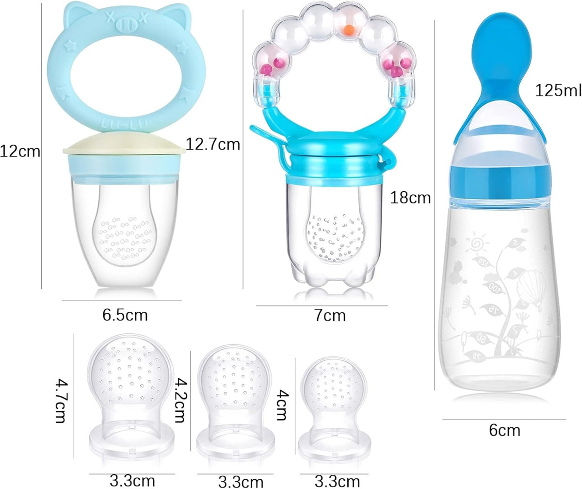 KOSHINE set includes fruit feeder x2, teats x5, spoon with container x1, pacifier chain x1