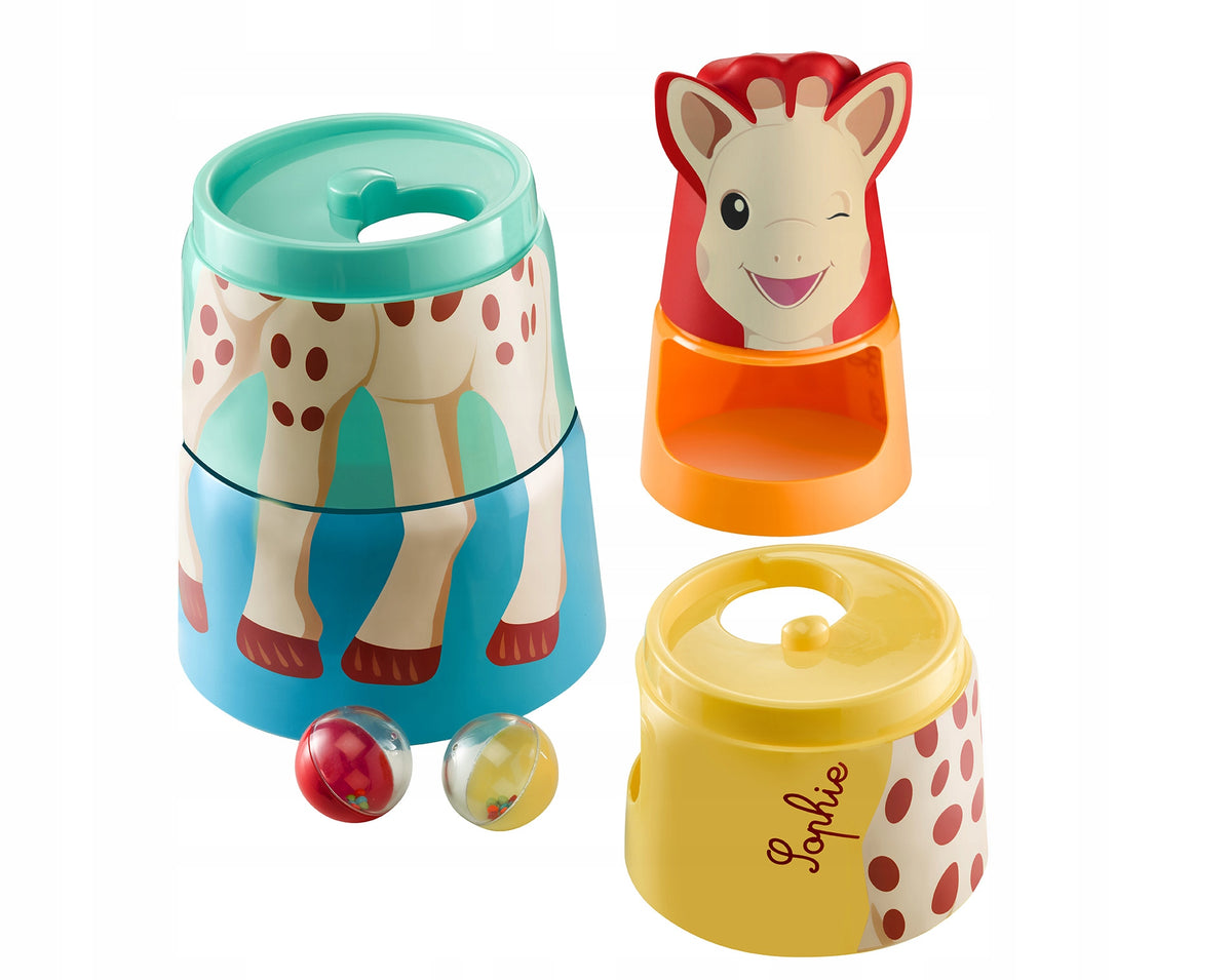 Sophie la Giraffe5 piece tower + 2 ballsage 10 months+used condition, db - considerable signs of use