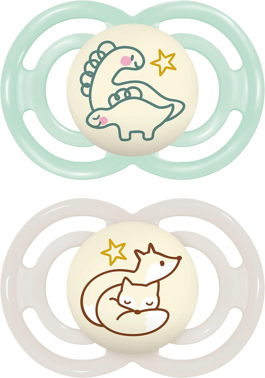 MAM Perfect Night orthodontic pacifiers glowing in the dark