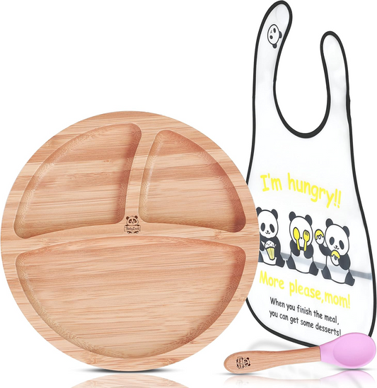 Plato de bambú con ventosa, cuchara y babero para bebés BABYLOVIT