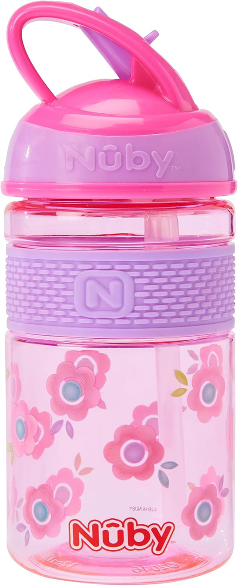 NUBY Hard Straw Cup tritanová láhev se slámkou 3 m+ 360 ml KVĚTY