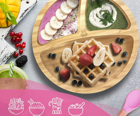 Plato de bambú con ventosa, cuchara y babero para bebés BABYLOVIT