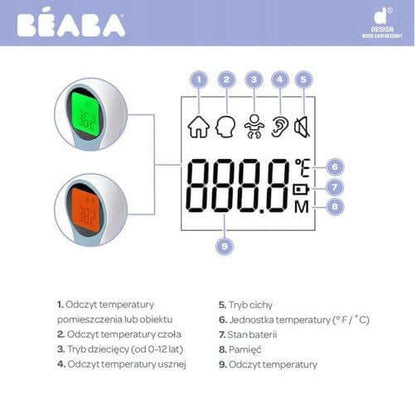 BEABA Thermospeed TERMOMETR BEZDOTYKOWY ekran LCD, wielofunkcyjny termometr z odczytem temperatury w 1 sekundę