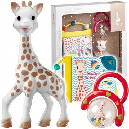 Żyrafa Sophie, kolorowa książeczka i czerwona grzechotka z uchwytem przed opakowaniem zestawu 010325.