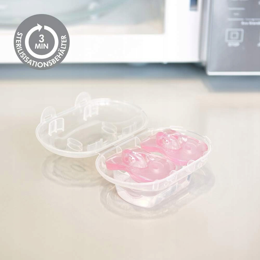 MEDELA smoczek uspokajający x 2 silikon 0-6msc, różowe smoczki w pudełku do sterylizacji 3 min