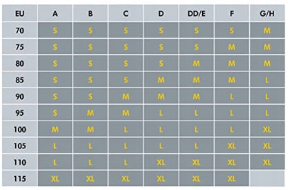 MEDELA top z biustonoszem do karmienia L tabela rozmiarów: EU, A, B, C, D, DD/E, F, G/H