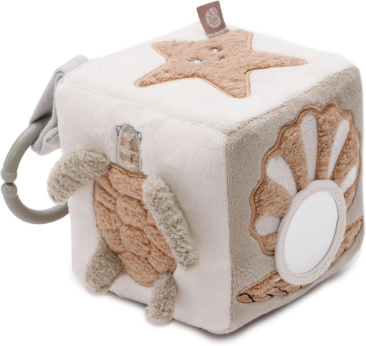 JOLLEIN Cub de activitate jucărie din pluș cu zornăitoare și oglindă 11x11 cm