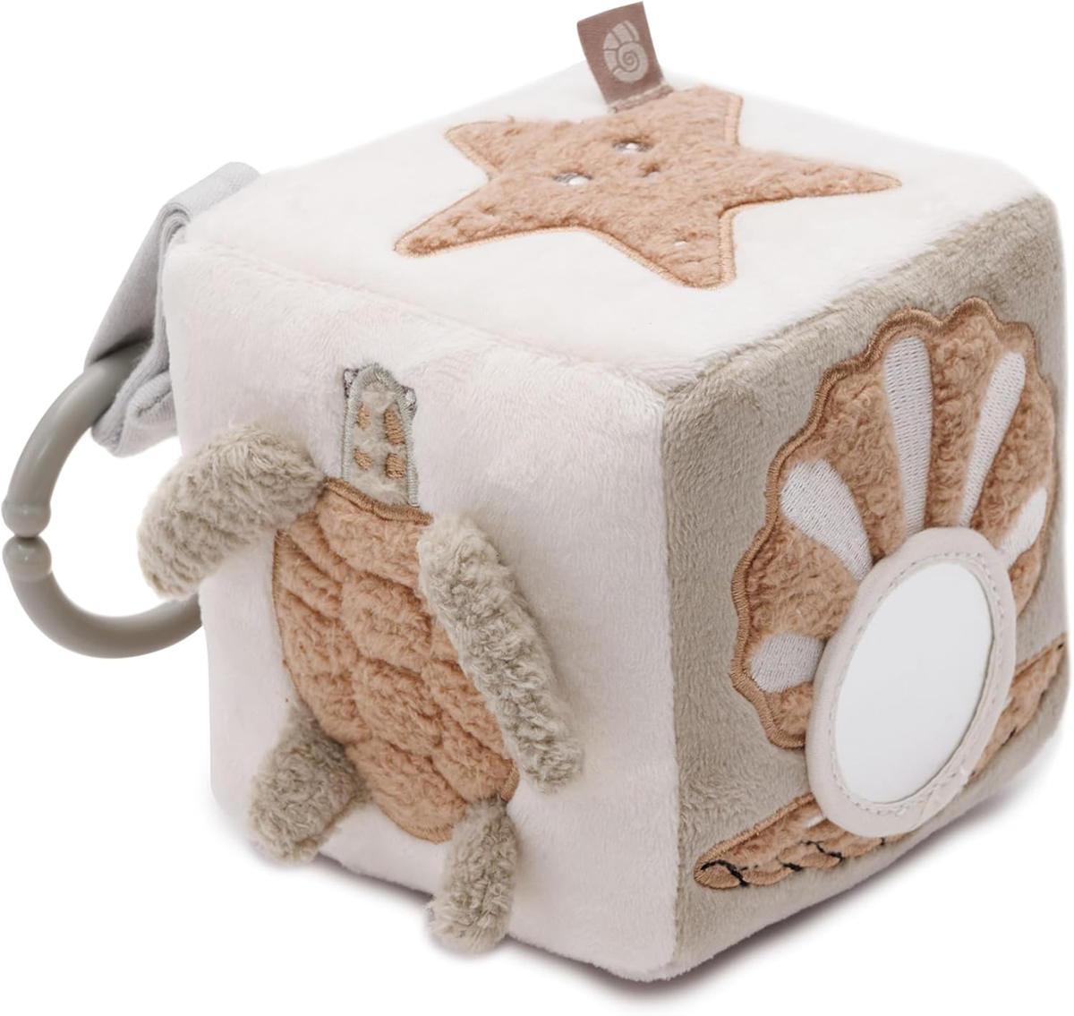 JOLLEIN Activity Cube plyšová závesná kocka s hrkálkou a zrkadielkom 11x11 cm