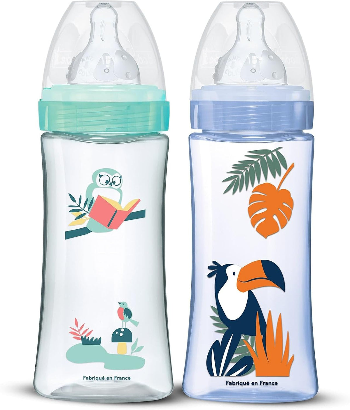Dwie butelki Dodie 330 ml z zieloną i niebieską nakrętką