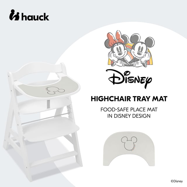 Poglądowa grafika maty z Myszką Mickey na tacce białego krzesełka oraz osobnego widoku maty.