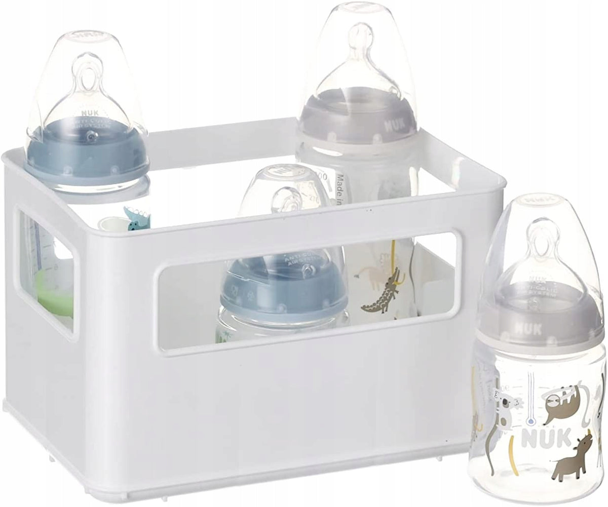 NUK First Choice+ set includes 2 150 ml bottles (S teats), 2 300 ml bottles (M teats) and a basket