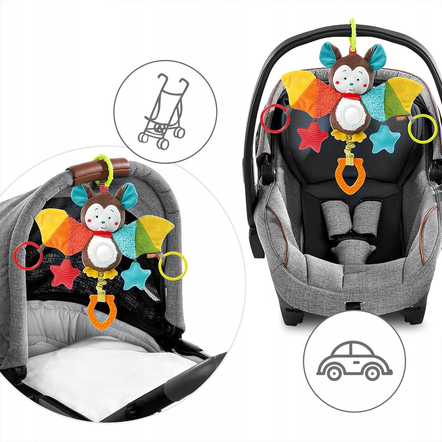 FEHN Anhänger mit Rassel und Clip für Kinderwagen und Babyschale FLEDERMAUS 29 cm – Produktfoto 2
