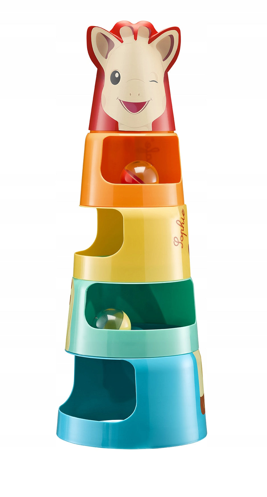 Sophie la Giraffe5 piece tower + 2 ballsage 10 months+used condition, db - considerable signs of use