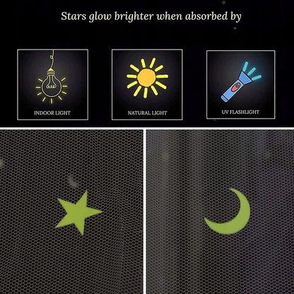 GLOW BED moskytiéra na postýlku, baldachýn se svítícími hvězdičkami