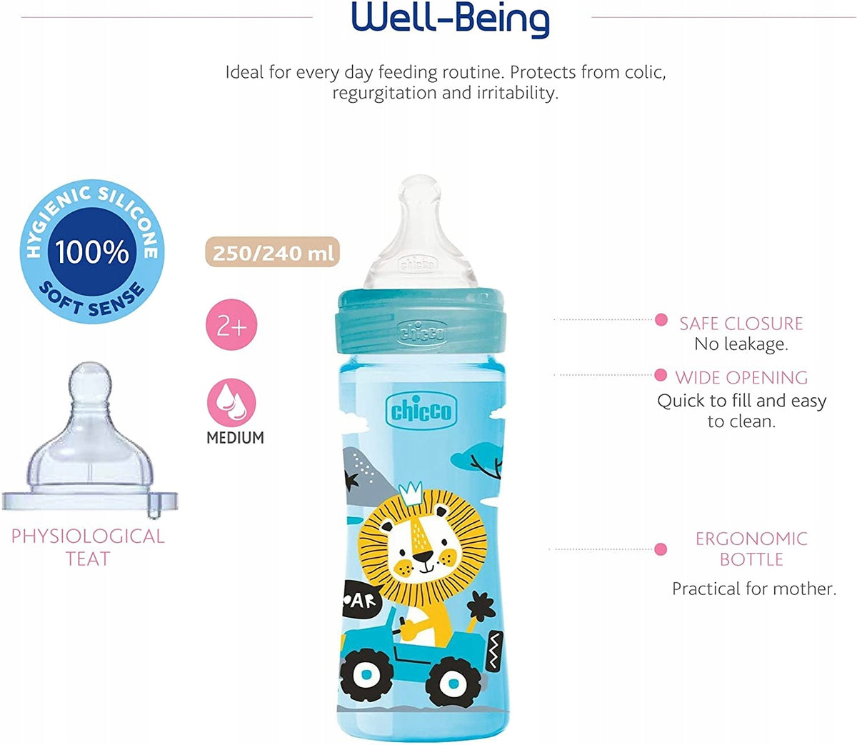 CHICCO Well-Being láhev 250ml 2m+ střední průtok