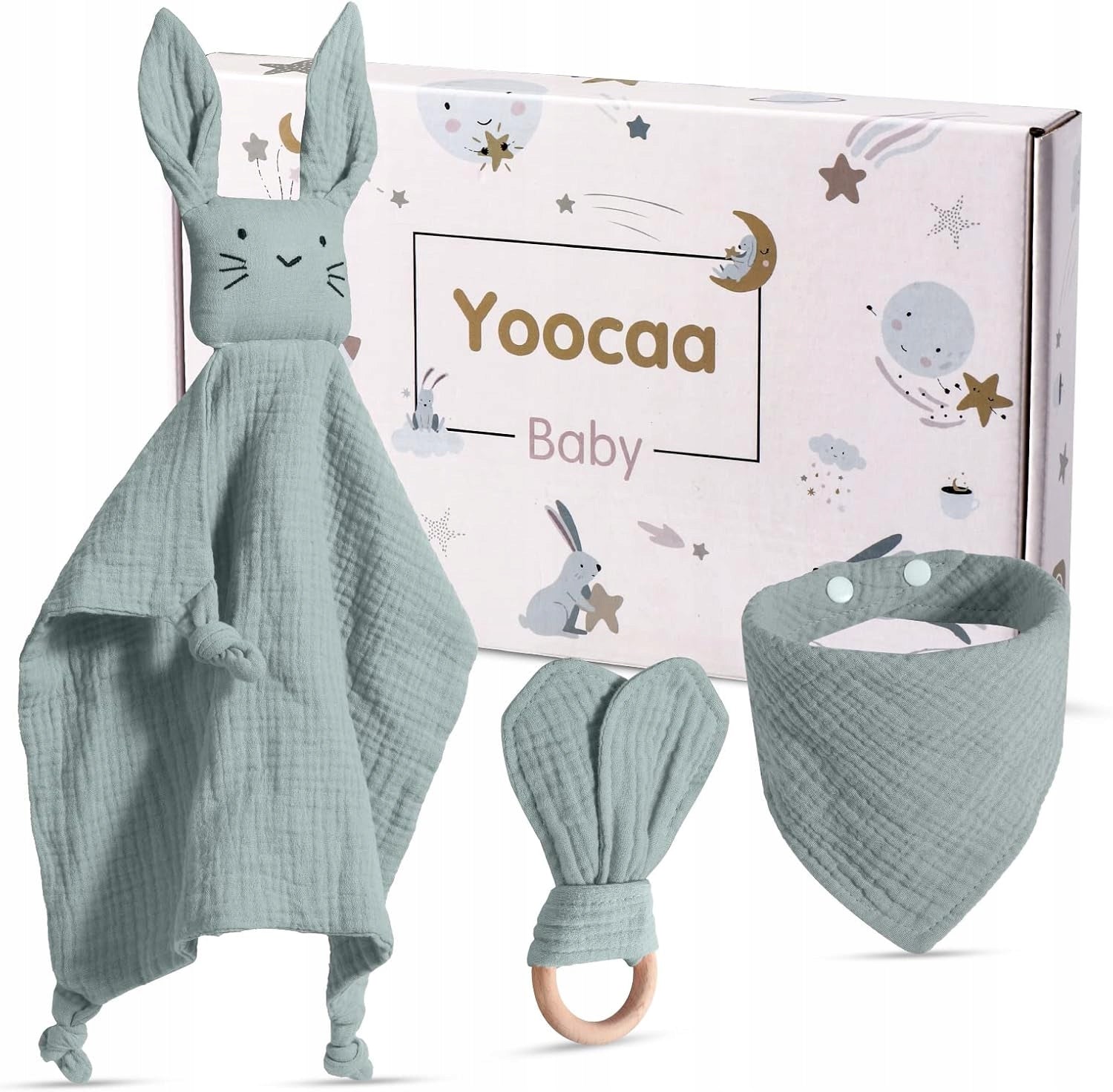YOOCAA set cu bavetă + jucărie de dentiție din lemn + jucărie de confort din muselină 30 x 43 cm