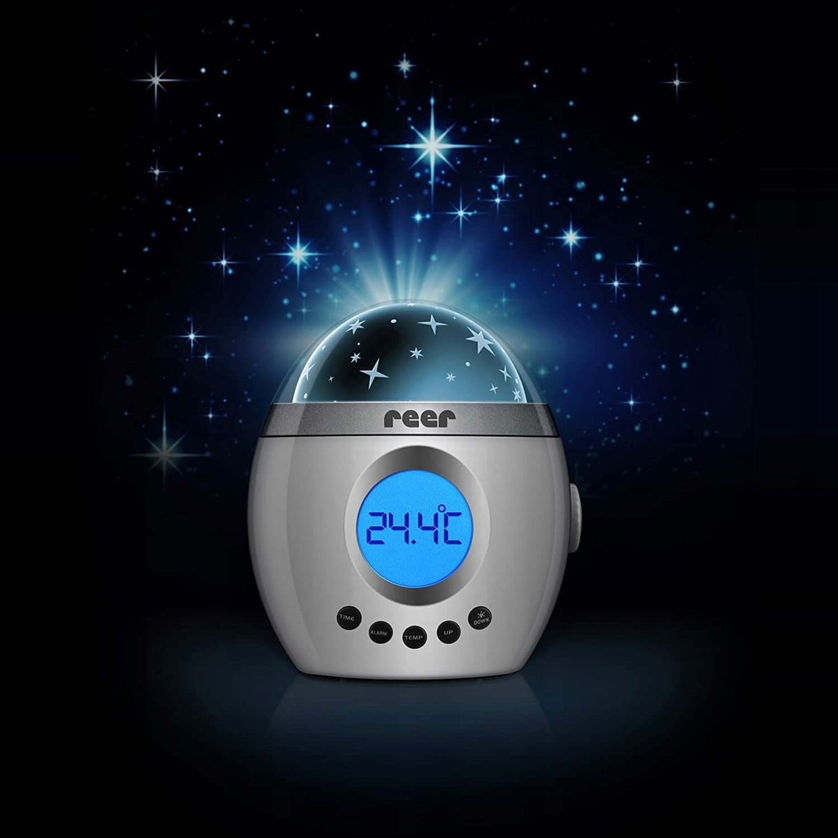 REER My Magic Starlight projektor pozytywka lampka z projekcją gwiazd, budzikiem i termometrem