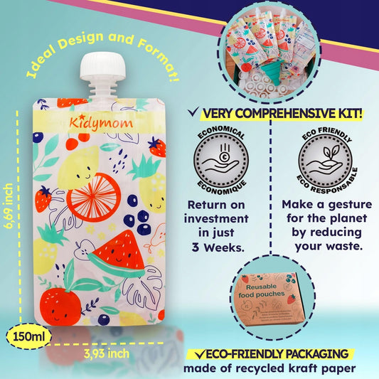 KIDYMOM saszetki wielokrotnego użytku na mus x10 + akcesoria, 150ml, ekologiczne woreczki na musy z lejkiem i zatyczkami
